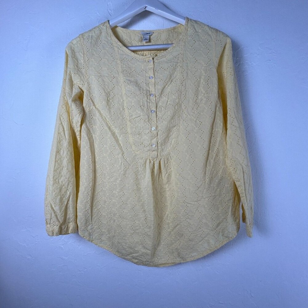 L.L. Bean Women Eyelet Long Sleeve Top Blouse Small Regular Yellow Cotton Button